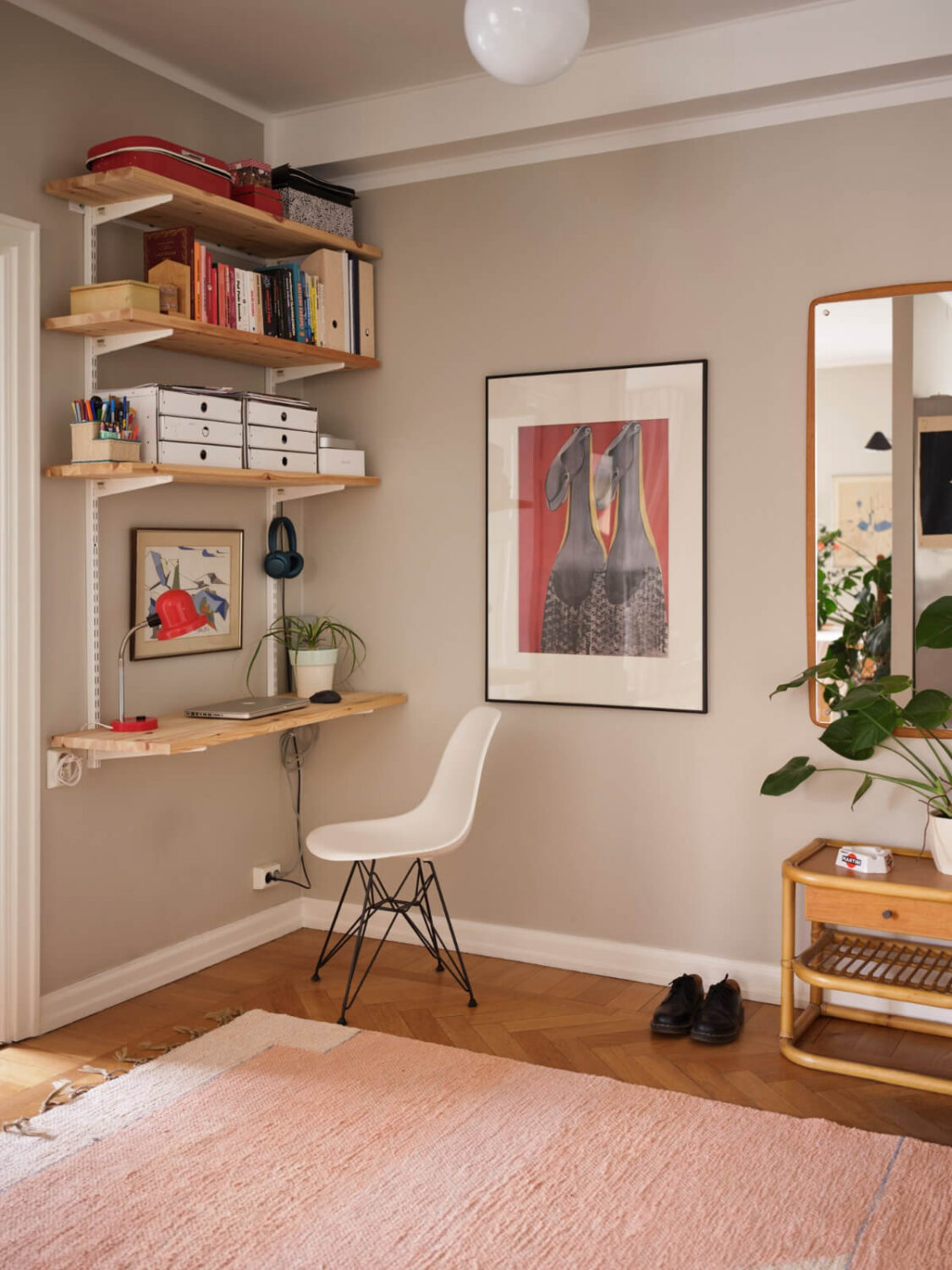 A Corner Apartment with Period Features and Bright Color Pops 20 simple home office wooden shelves pink rug