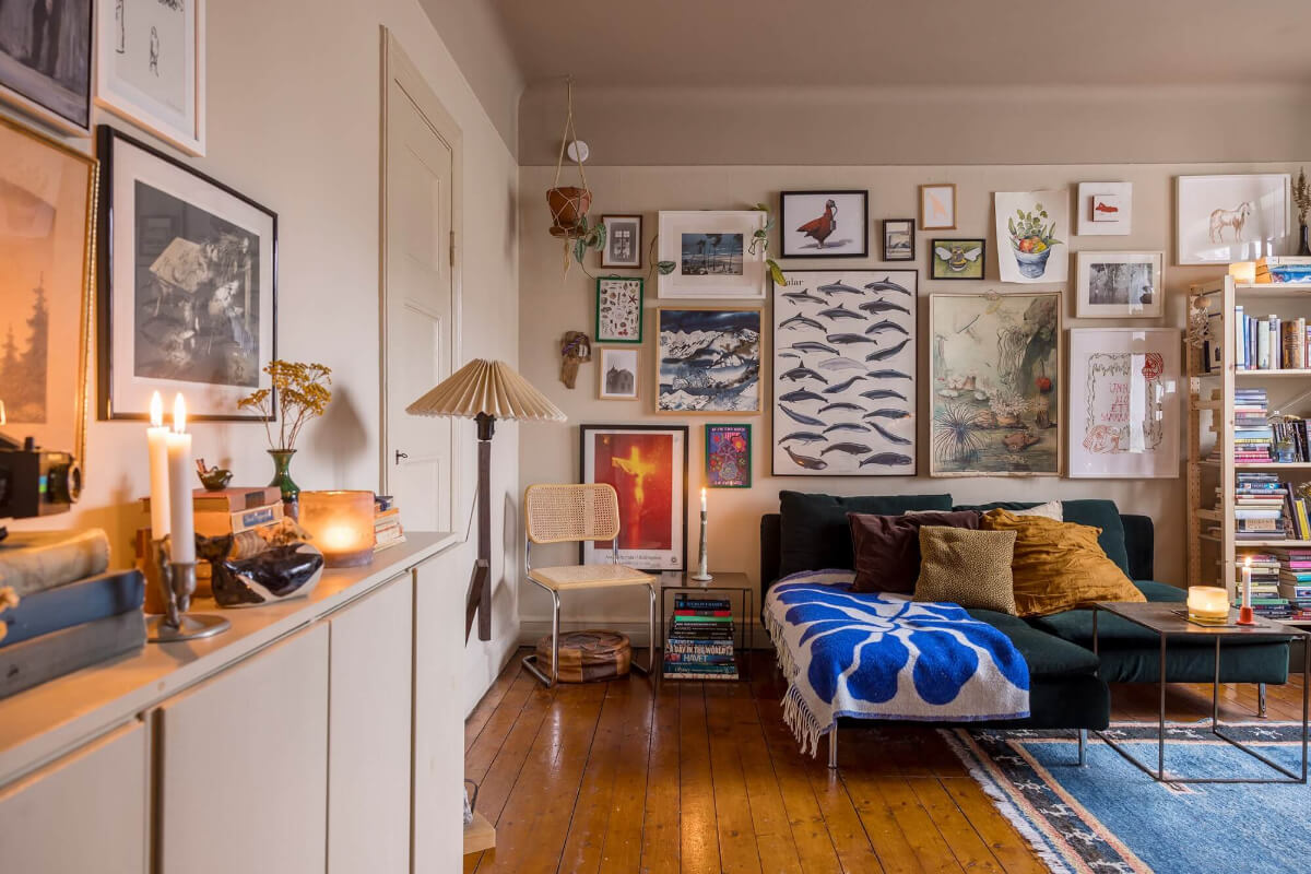 A Cozy Studio Apartment in a 1930s Building 1 studio apartment wooden floor gallery wall