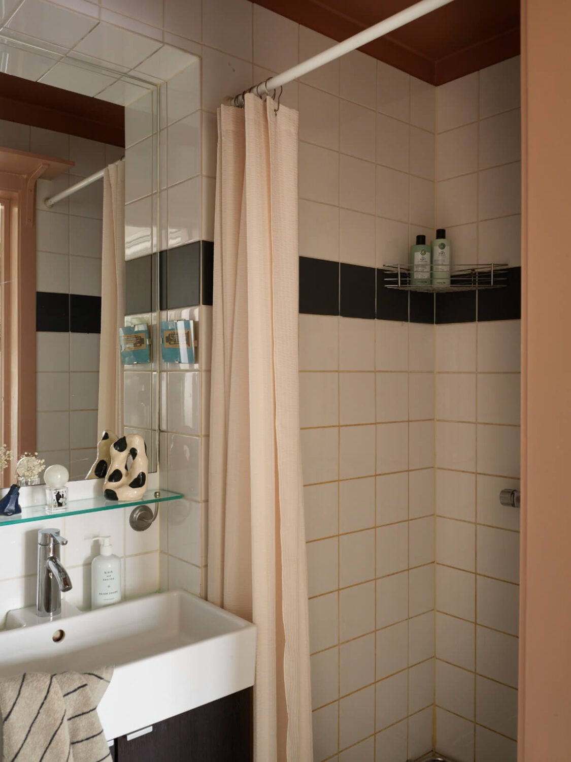 A Muted Color Palette and Smart Storage in a Small Stockholm Apartment 17 tiny bathroom dark pink ceiling
