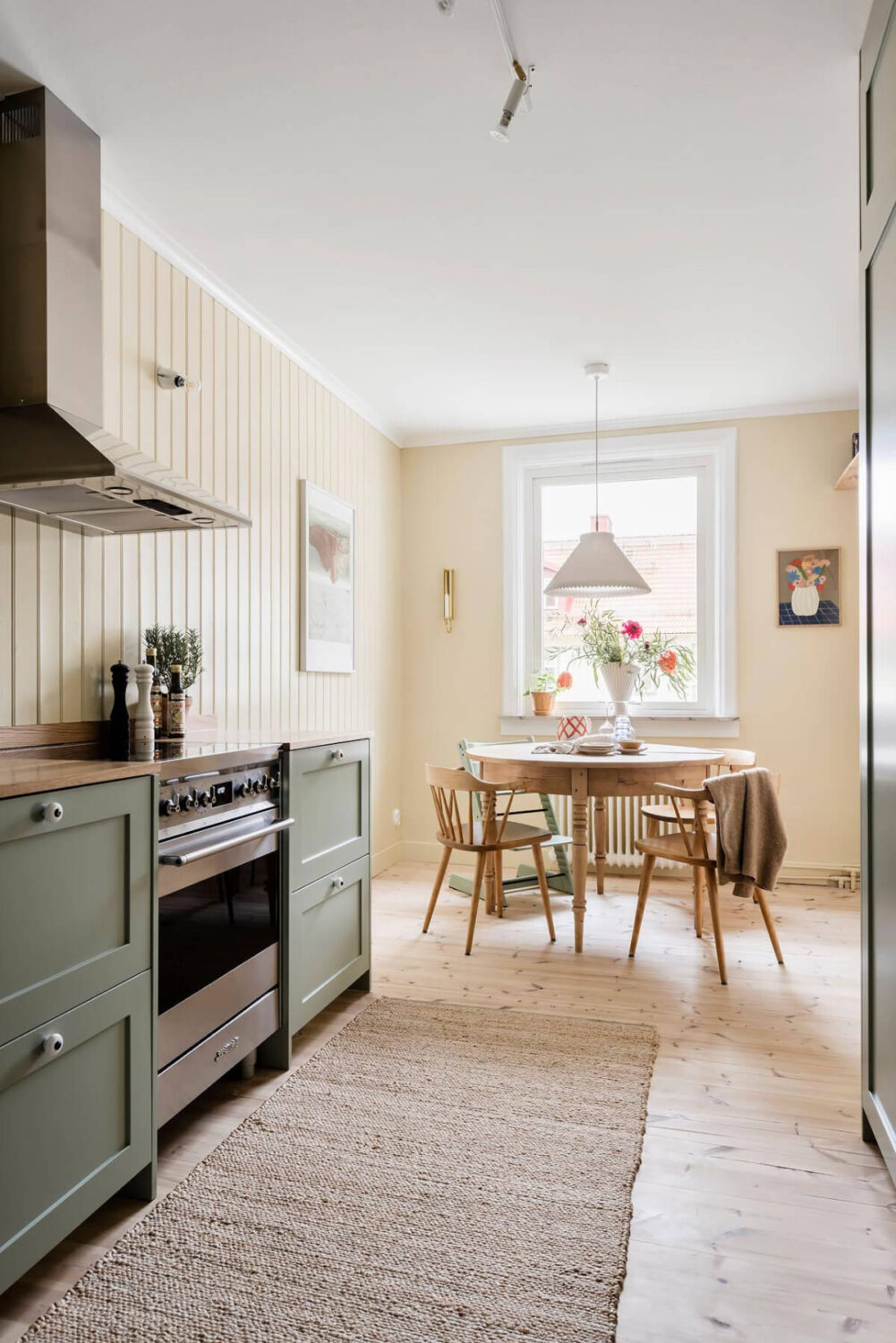 yellow and green kitchen round wooden dining table