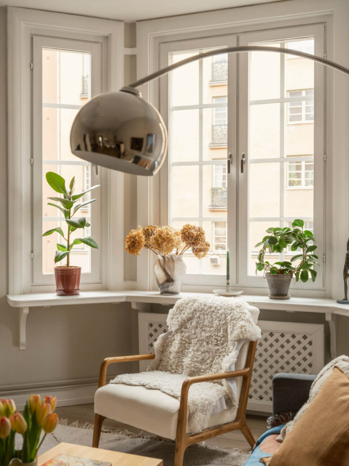 A Muted Palette and a Cozy Kitchen Breakfast Nook in a Swedish Apartment 3 bay window