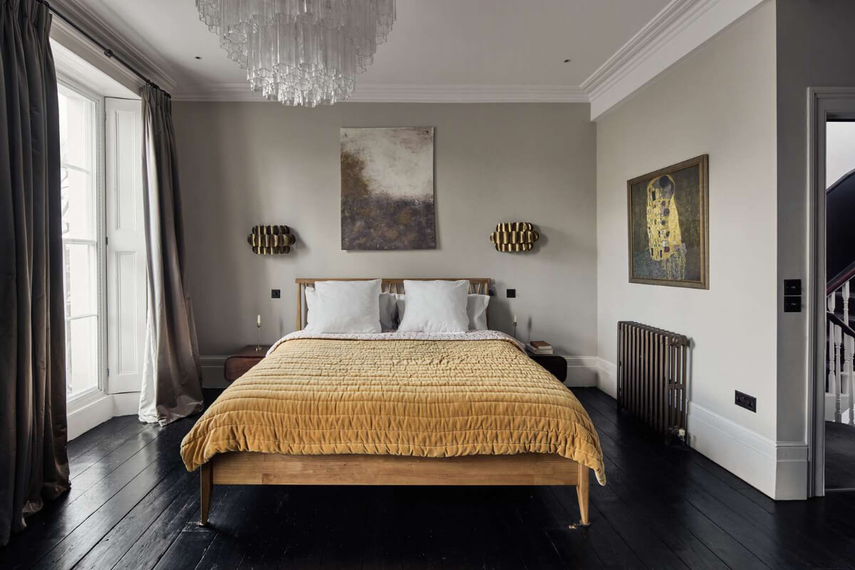 Light and Dark in a Spacious Victorian Townhouse in London 21 bedroom gray walls black wooden floorboards
