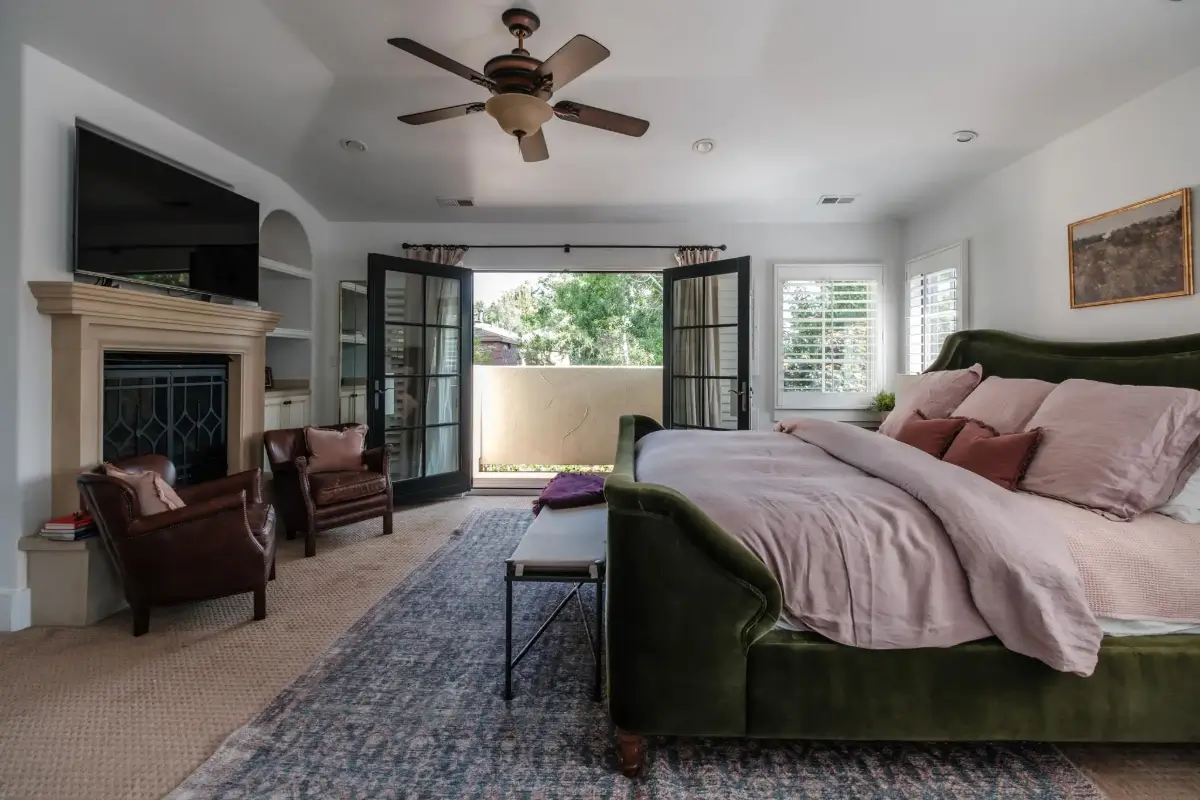 Mediterranean Elegance Meets Modern Living in the Heart of Bonnie Brae 27 bedroom green velvet bed