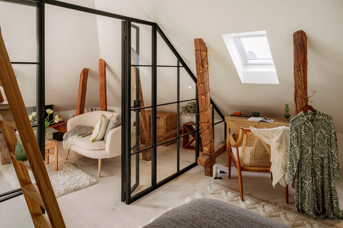 bedroom industrial glass wall