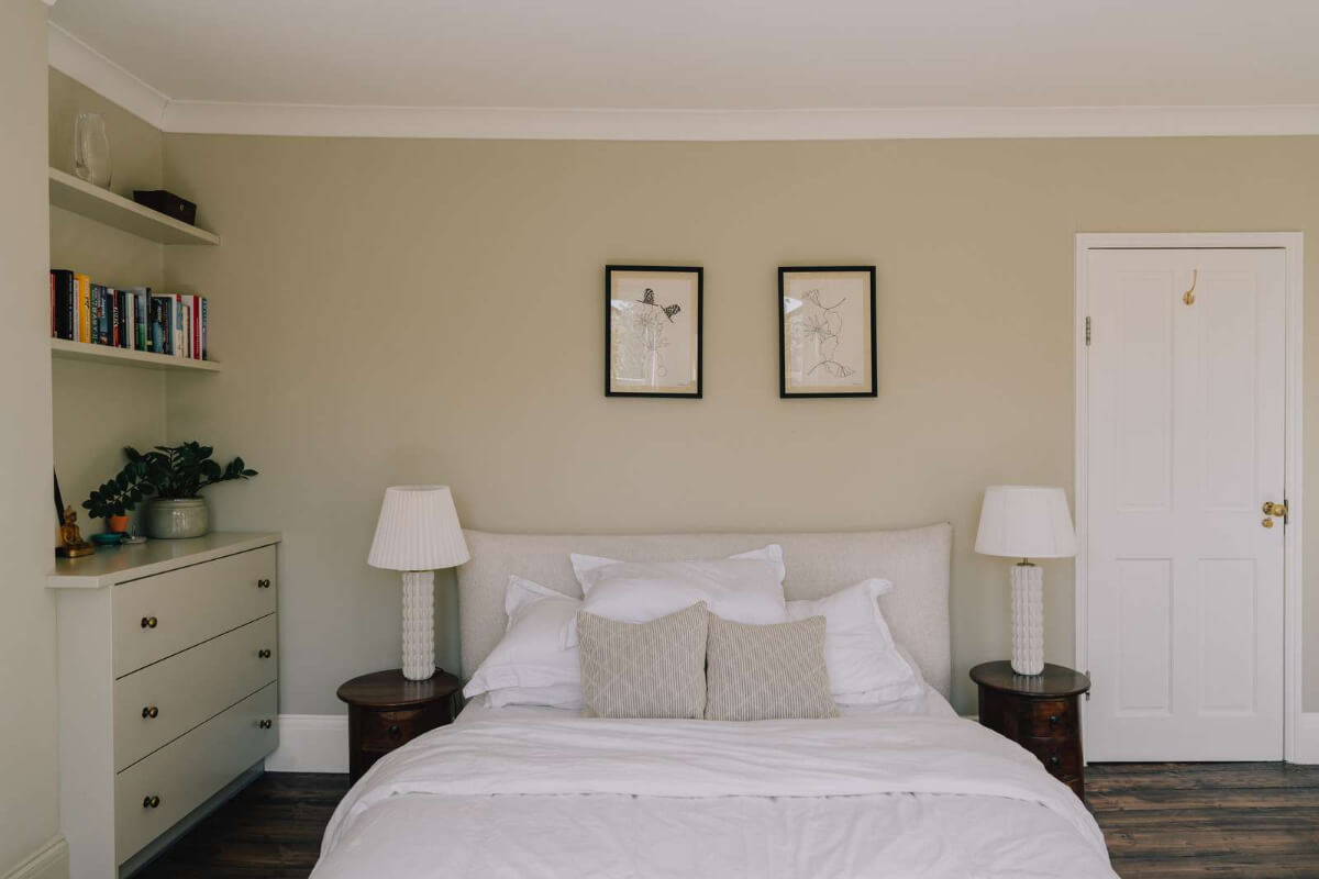 A Serene Color Palette and Built-In Shelves in a London Duplex 14 beige bedroom built-in shelves