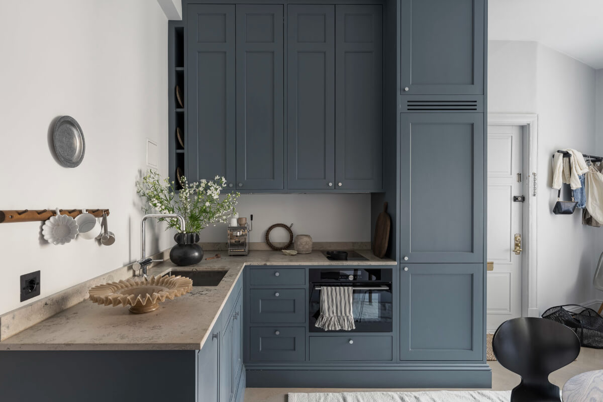 blue kitchen small apartment