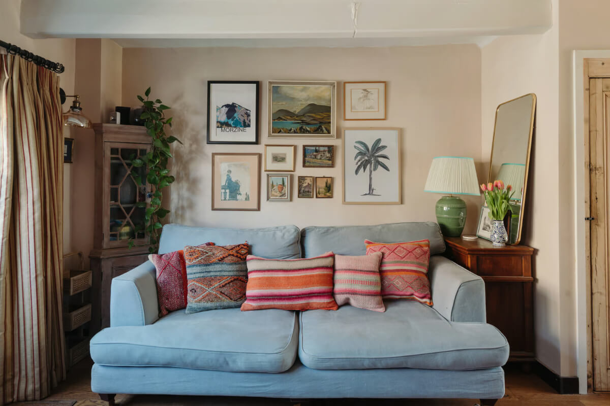 blue sofa small cottage living room