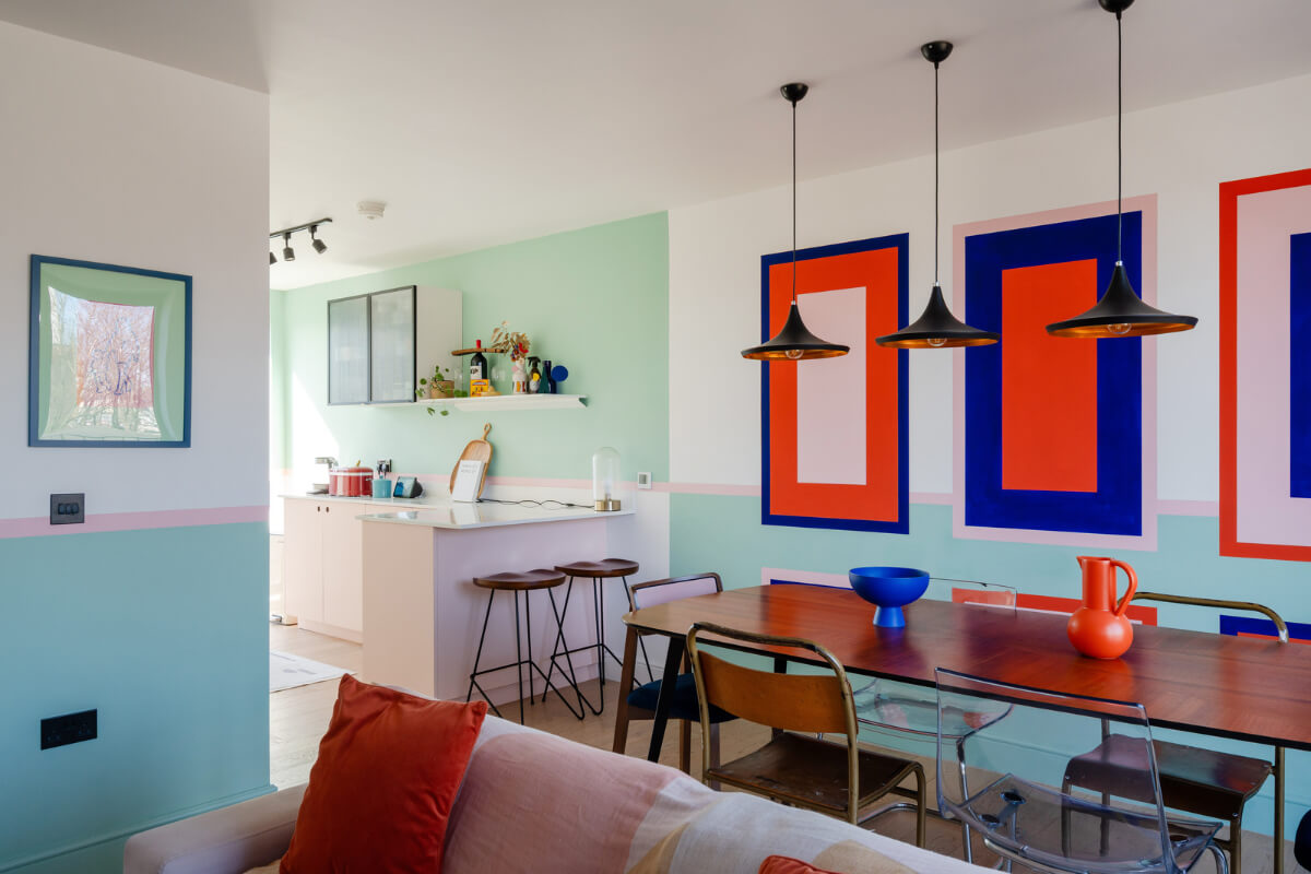 colorful open plan living room kitchen