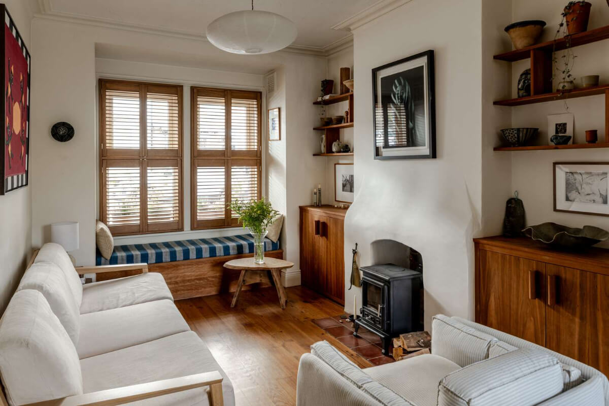 cozy living room built-in storage wood burner