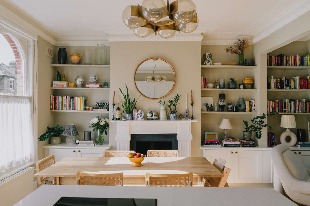 A Serene Color Palette and Built-In Shelves in a London Duplex 10 dining area built-in shelves