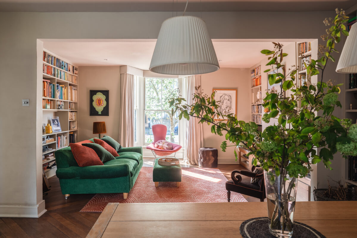 double living room bookshelves bay window