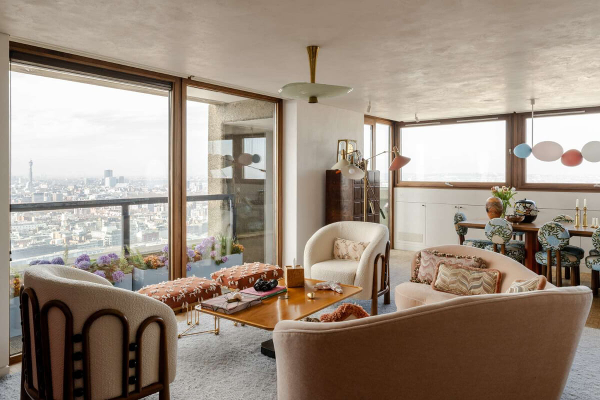eclectic living room Oak and Marble in a Spectacular Brutalist Apartment in London
