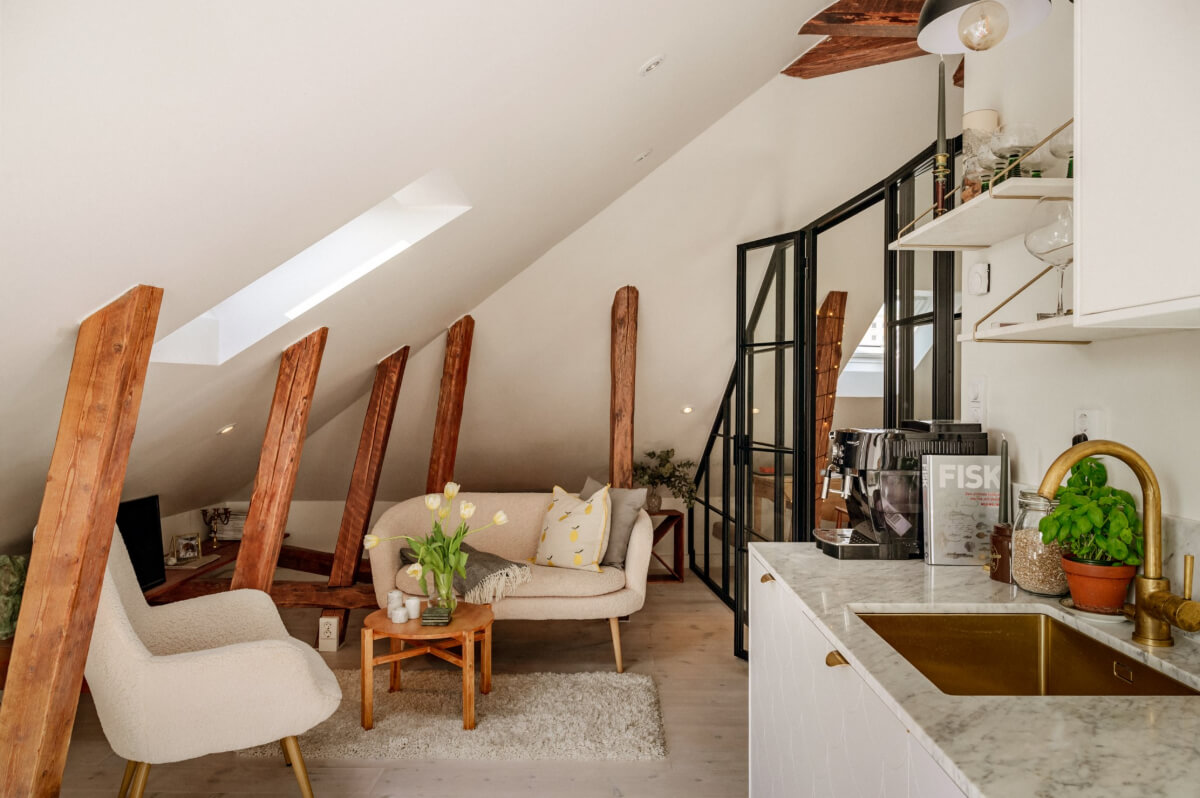 exposed beams slanted ceiling small living space