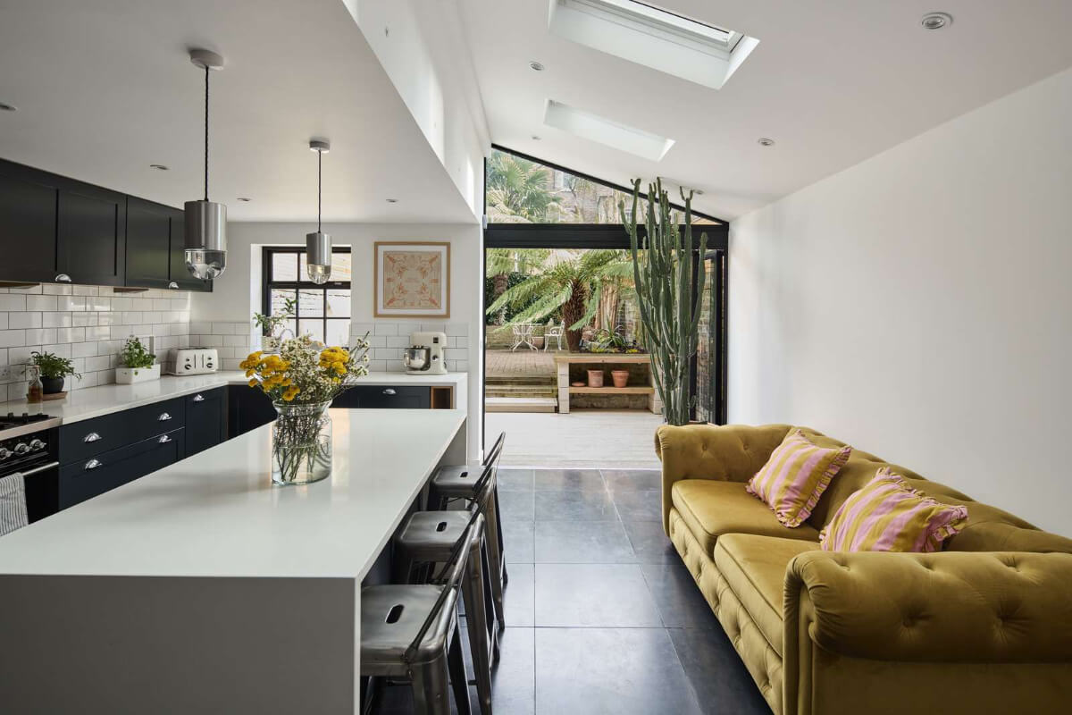 Light and Dark in a Spacious Victorian Townhouse in London 10 extended kitchen velvet sofa