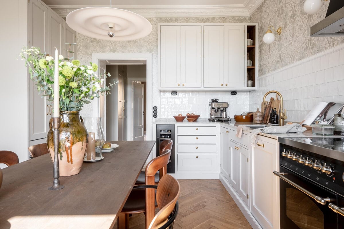 A Stunning Kitchen in a Classic Renovated Turn-of-the-Century Apartment 7 kitchen white backsplash tiles wallpaper