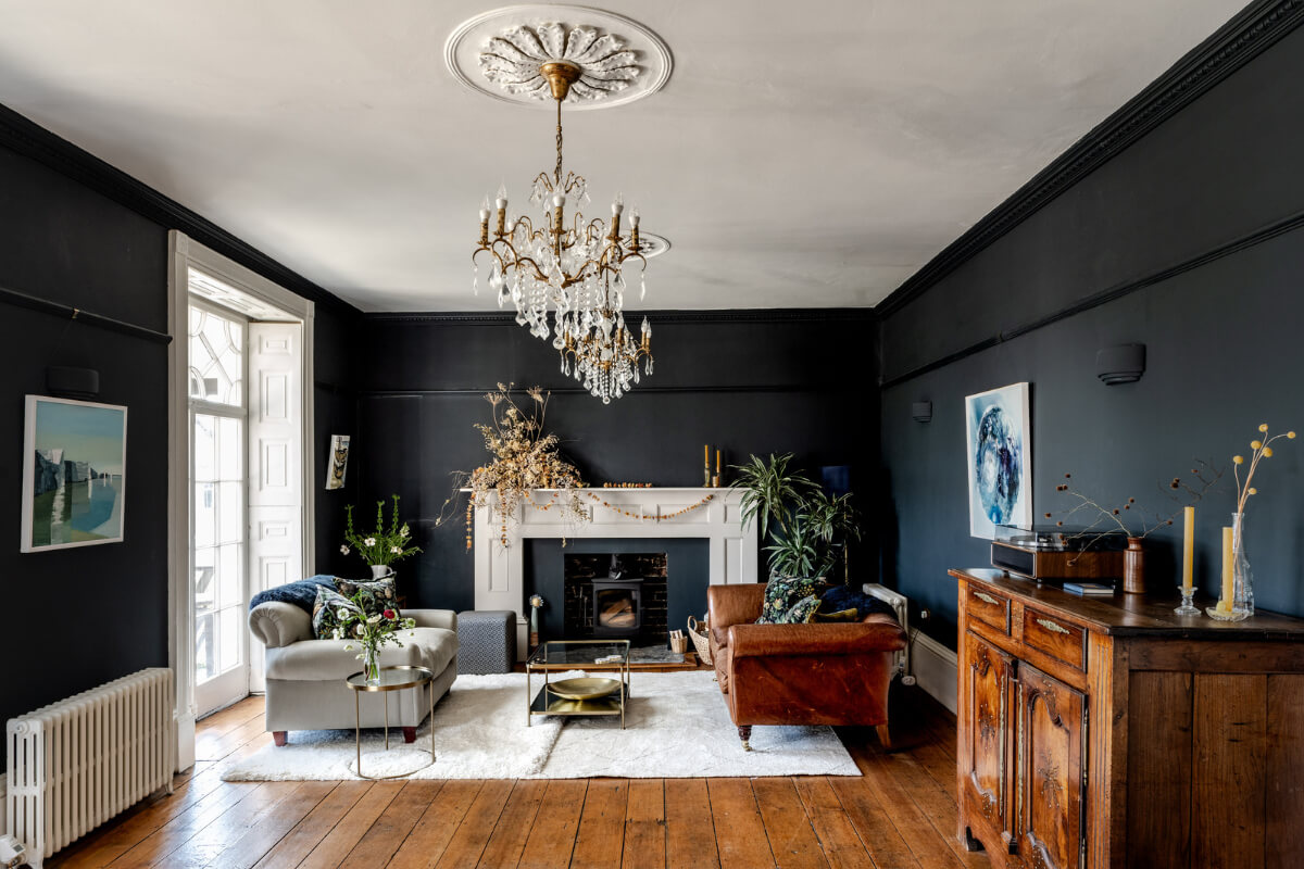 A Grand Georgian Home with Views of the Jurassic Coast 4 large sitting room wooden floorboards dark walls