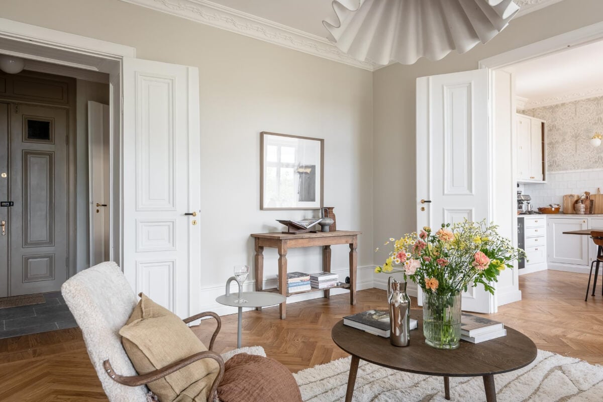 A Stunning Kitchen in a Classic Renovated Turn-of-the-Century Apartment 16 light gray living room