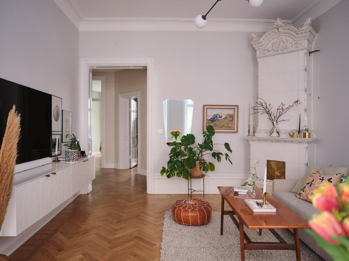 Classic Elements and Light Rooms in a Lovely Family Apartment 5 light gray living room fireplace