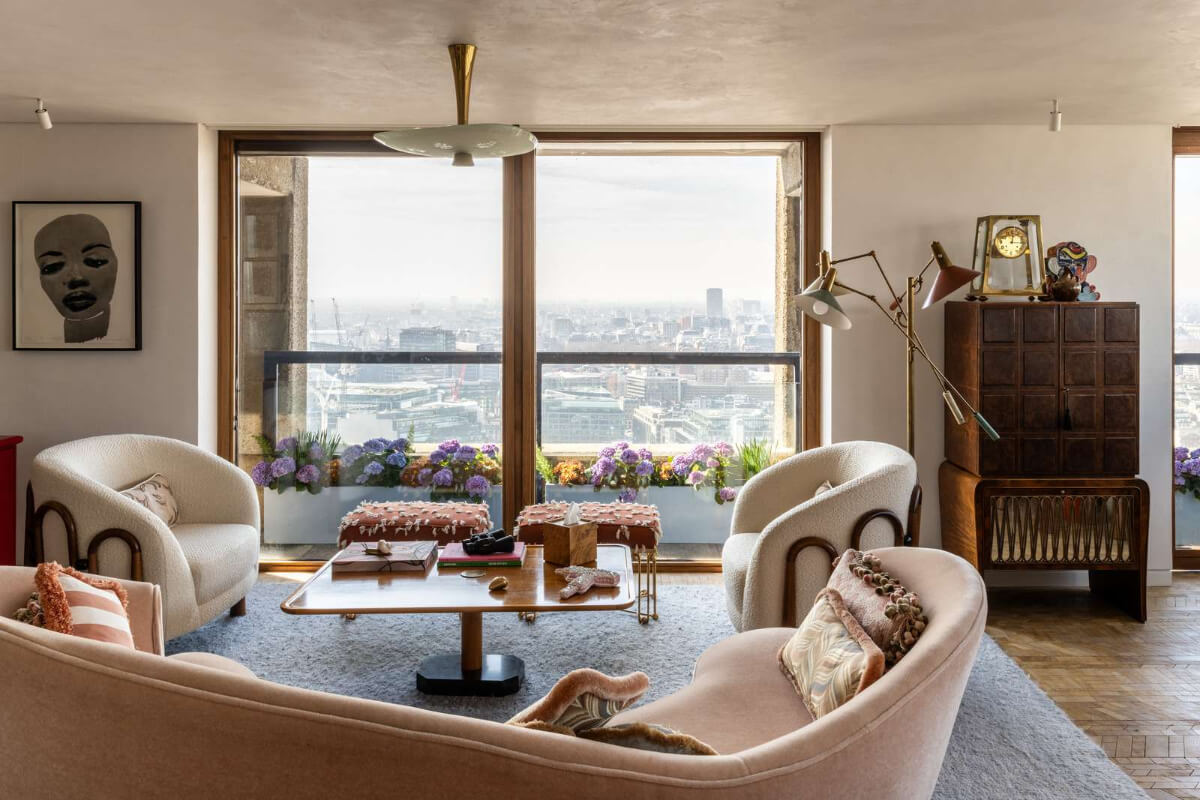 Oak and Marble in a Spectacular Brutalist Apartment in London 1 living room large windows