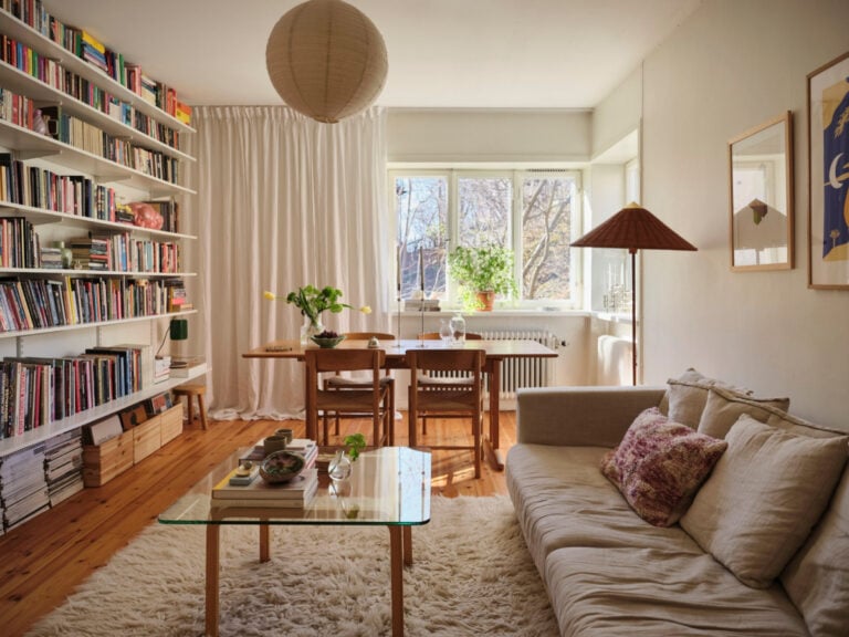 living room with bookshelves