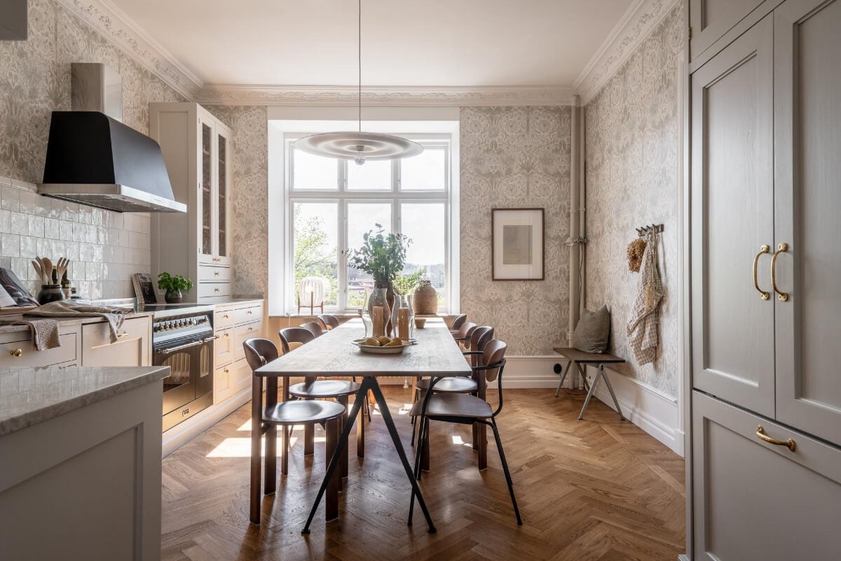 A Stunning Kitchen in a Classic Renovated Turn-of-the-Century Apartment 9 spacious kitchen herringbone floor large dining table