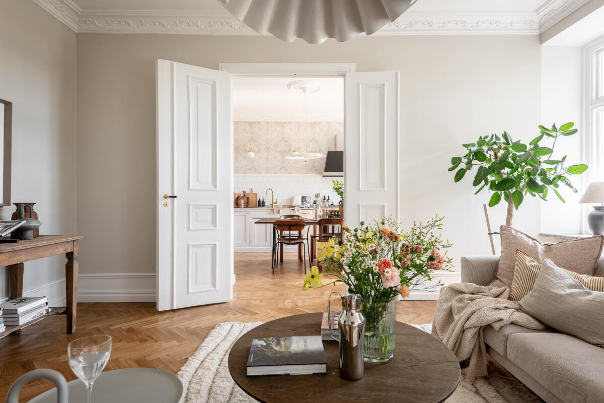 A Stunning Kitchen in a Classic Renovated Turn-of-the-Century Apartment 17 wooden doors living room