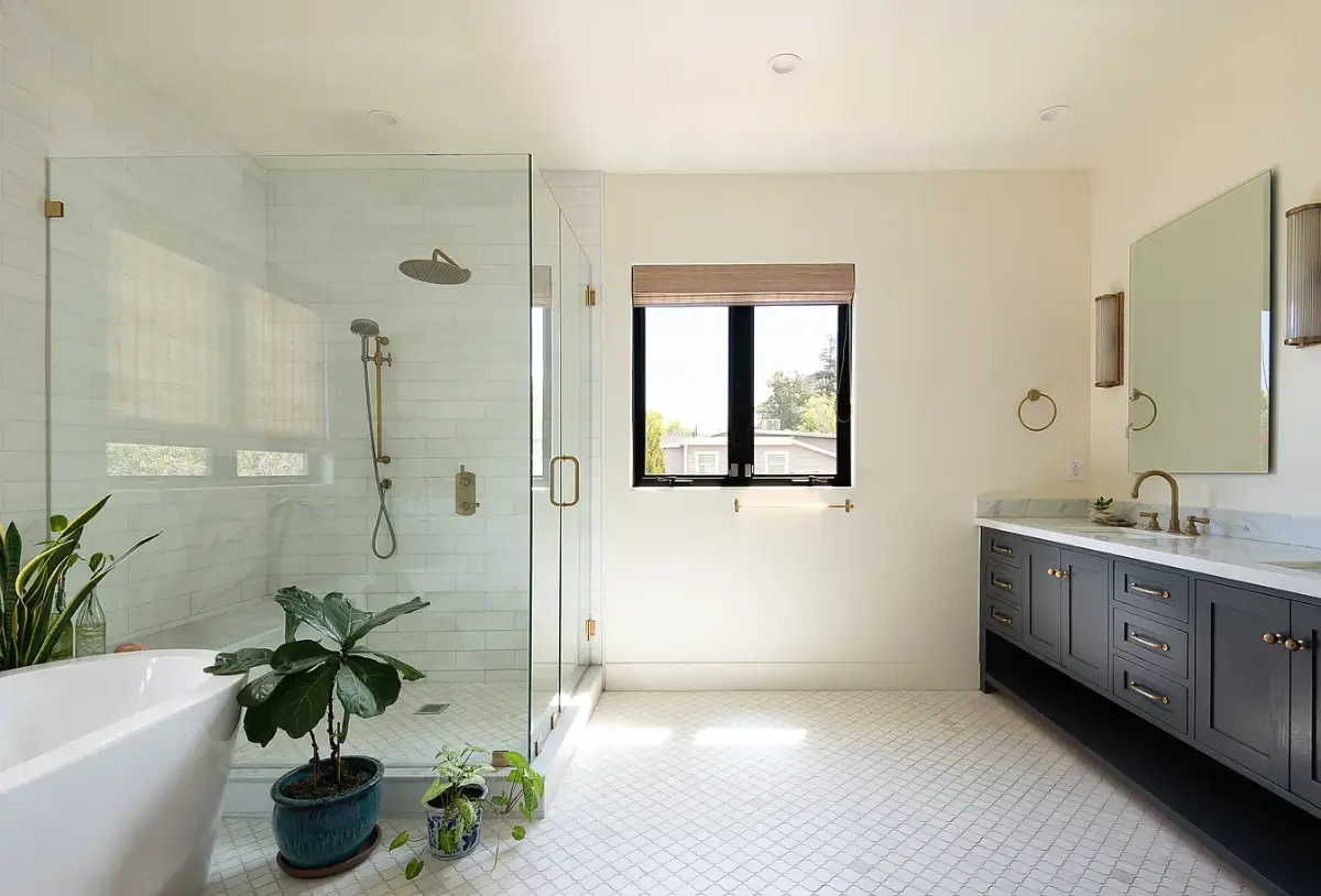 A Creative Sanctuary in Sherman Oaks Designed by Mendy Cheng 20 bathroom large shower freestanding bath