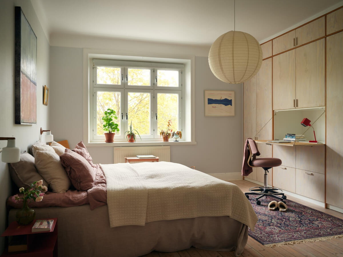 An Art Nouveau Apartment with a Deep Green Kitchen 13 bedroom with custom wardrobe wall with integrated desk