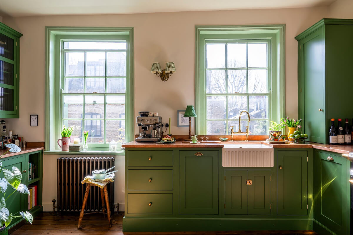 A Small, Green deVOL Kitchen in a 17th-Century London Mews House 4 large windows green frames shaker kitchen devol mews house nordroom