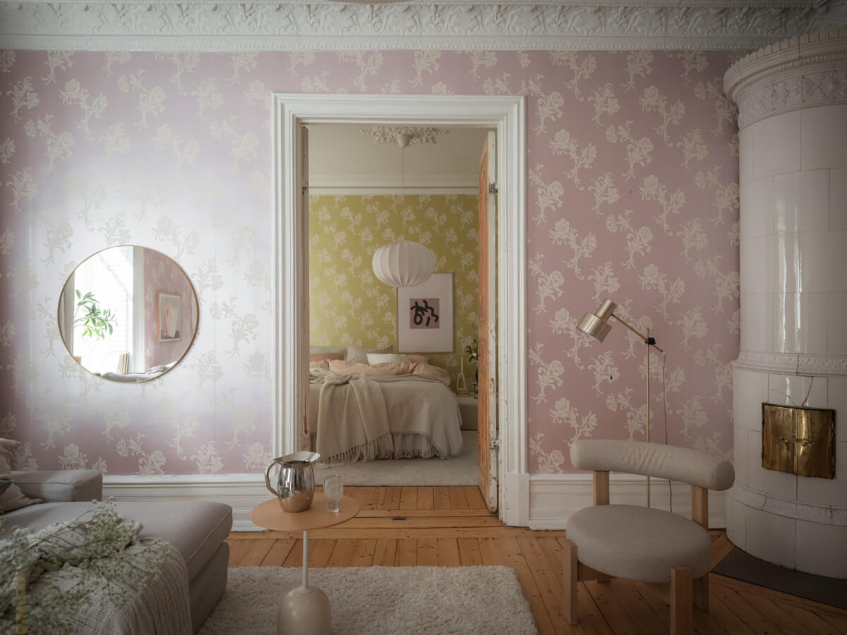 A Historic Apartment with Classic Wallpapers and Contemporary Furniture 6 living room with fireplace