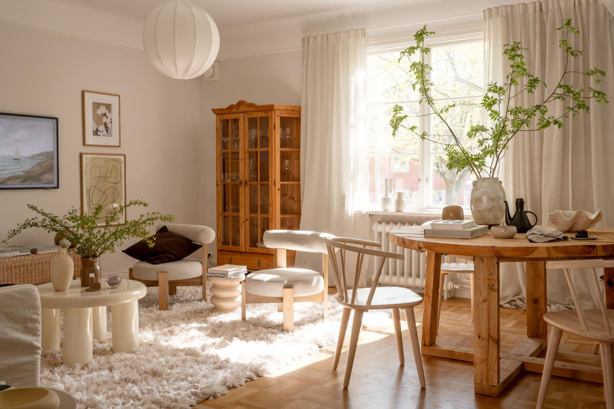 A Cozy Swedish Apartment with a Walk-In Pantry in the Sage Green Kitchen 2 natural light living room dutch parquet floor