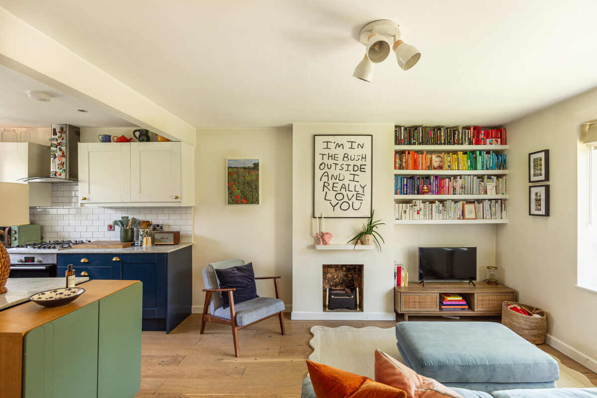 An Open-Plan Living Space and Colorful Bedrooms in a London Duplex 1 open-plan living space kitchen bookshelves