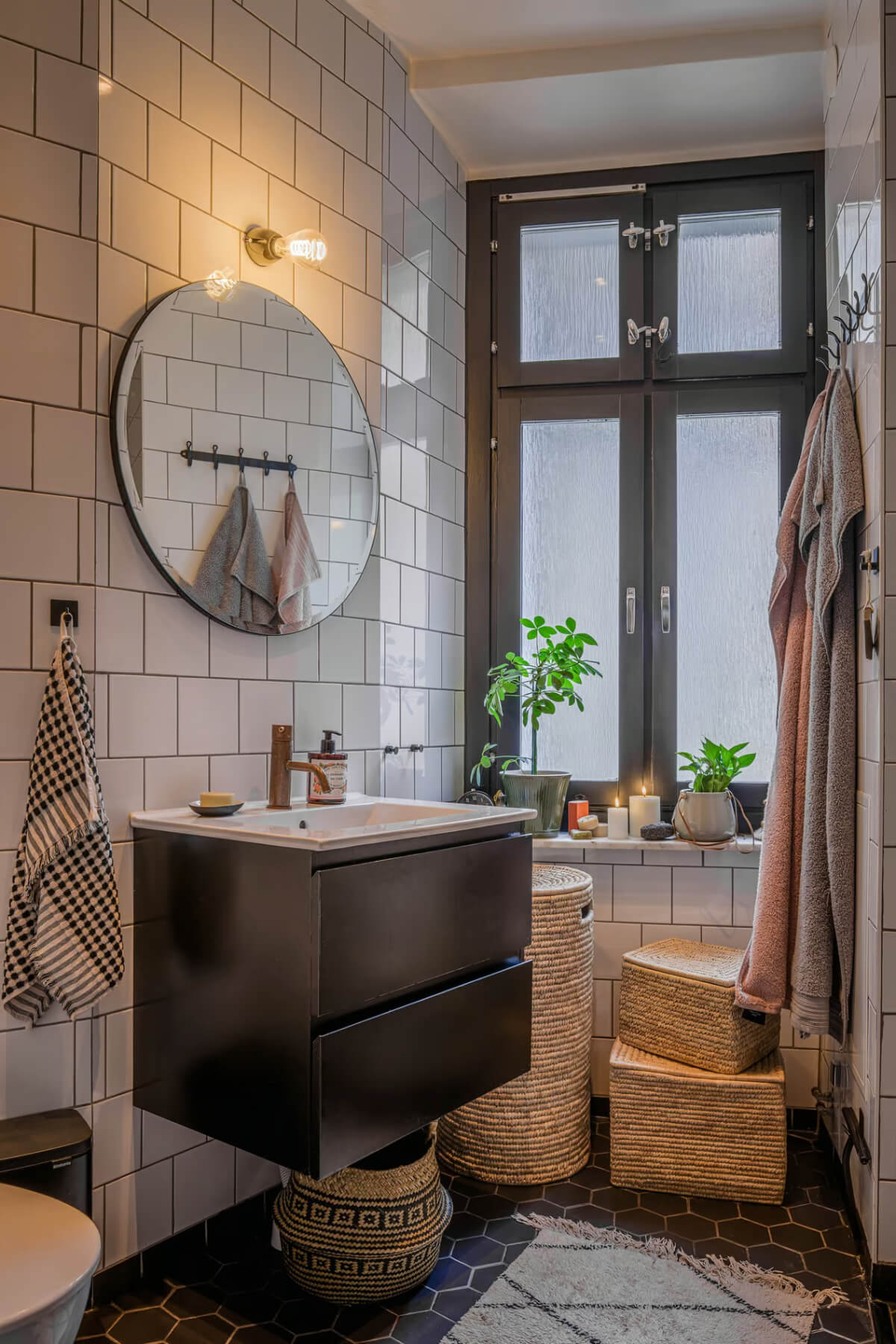 small bathroom white tiles black hexagon floor tiles nordroom