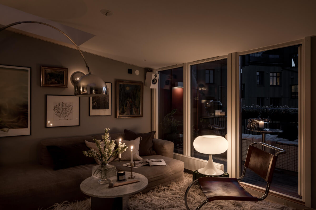 small scandi living room at night