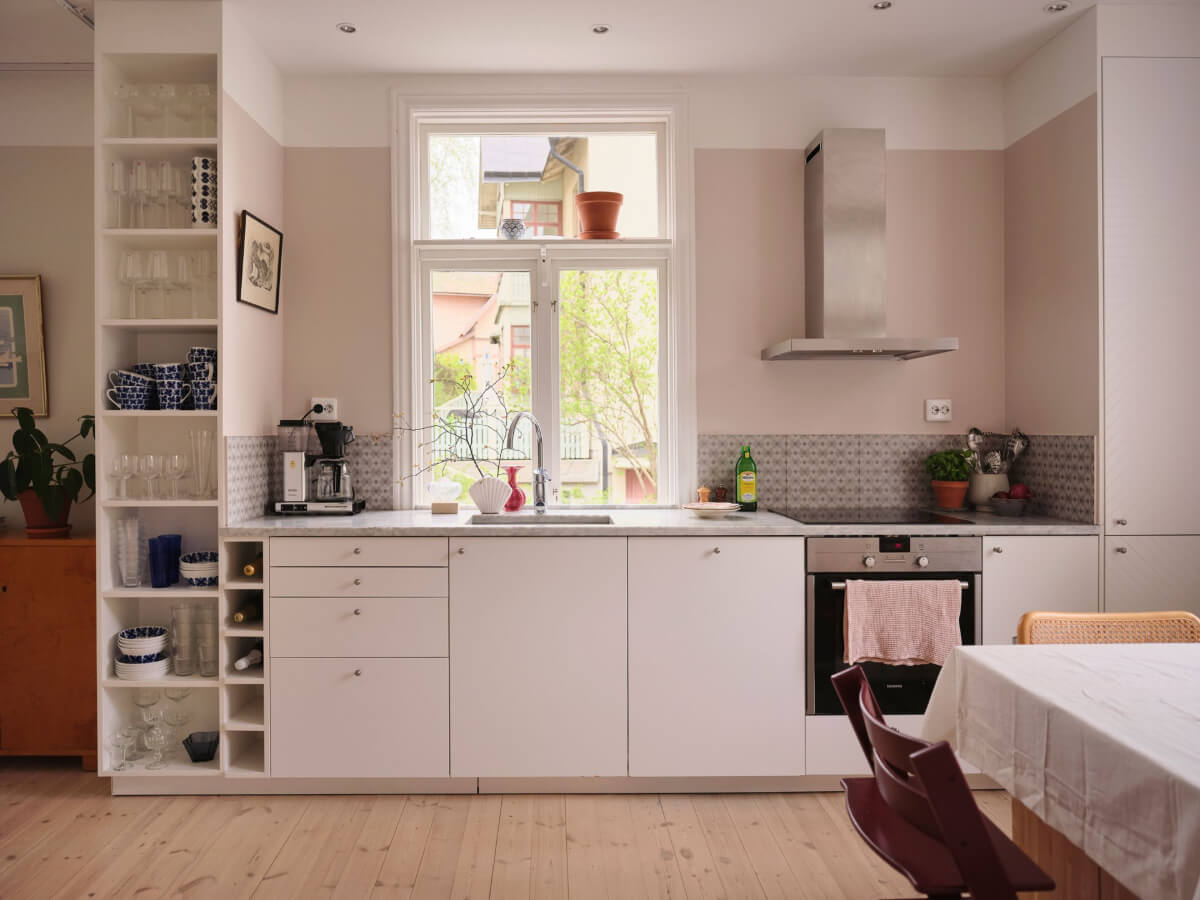 A Light Ground Floor Apartment with a Large Terrace 13 white kitchen open cabinet