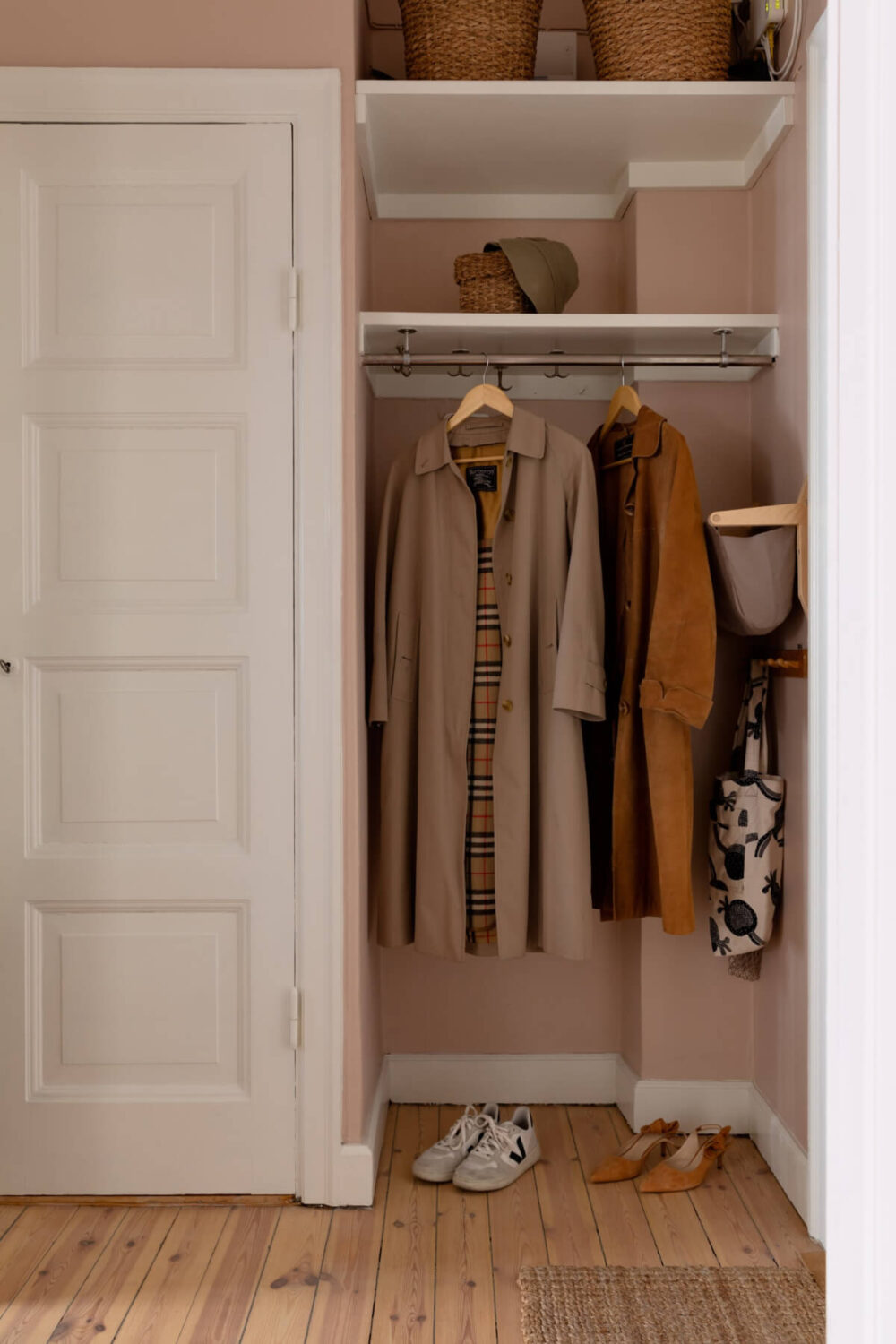 entry hall storage niche coats shelves A Nice Color Palette and Original Elements in a Cozy 1930s Apartment