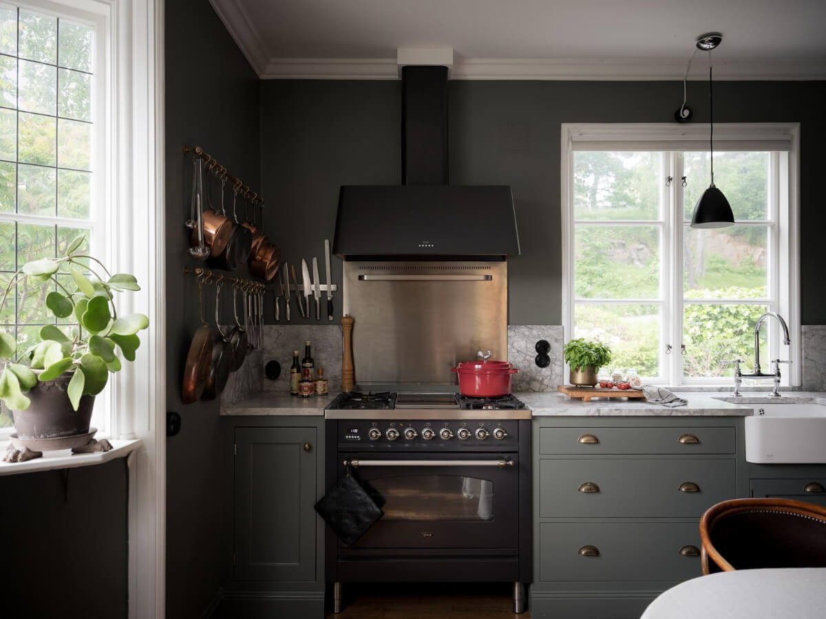 gray kitchen marble countertop brass fittings