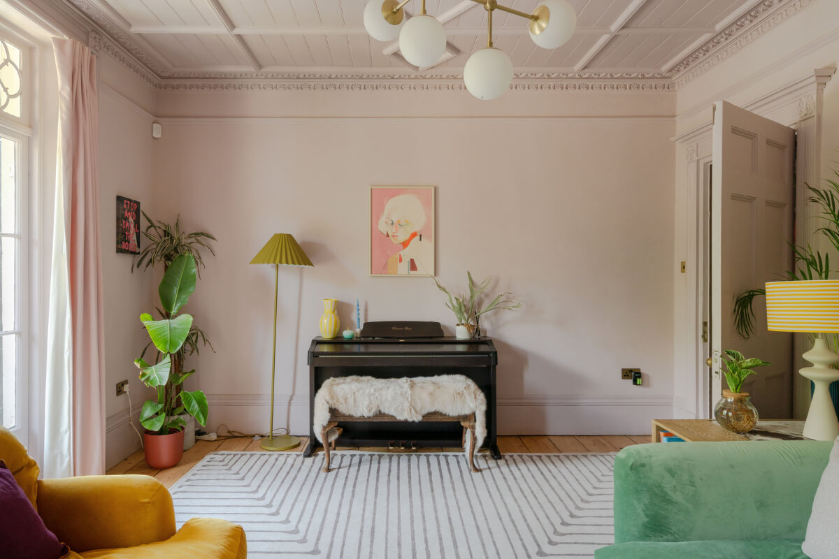 light pink living room large rug piano