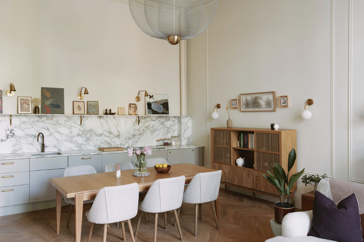 Grand Proportions and Bay Windows in a Belsize Park Apartment 4 modern light gray kitchen marble countertop backsplash