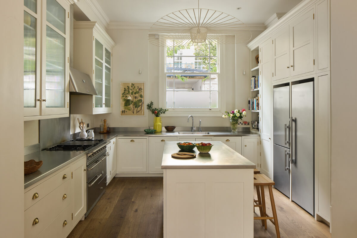 white kitchen polished stainless steel countertop