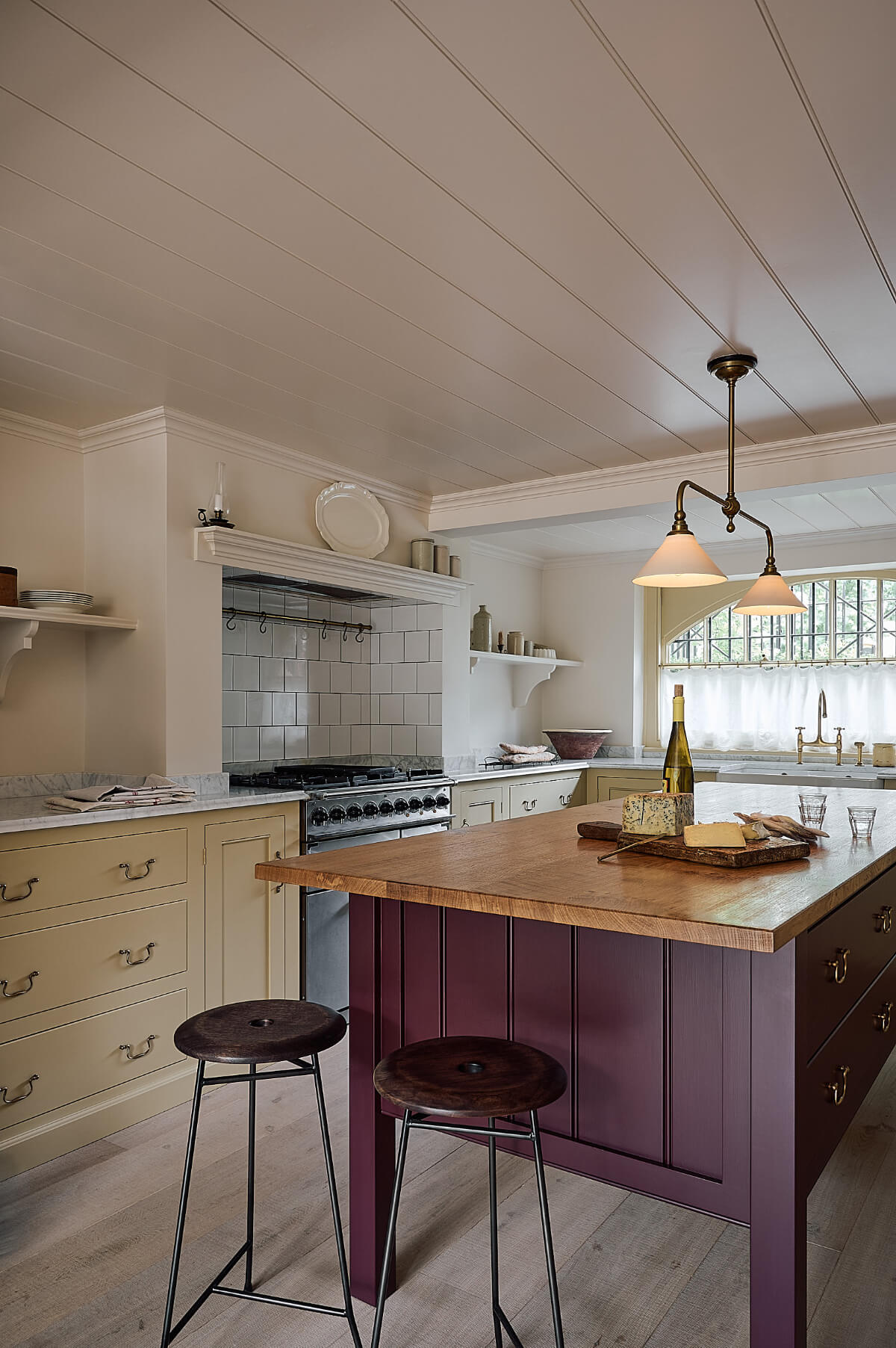 A Timeless Basement deVOL Kitchen in Butter-Yellow and Purple-Brown