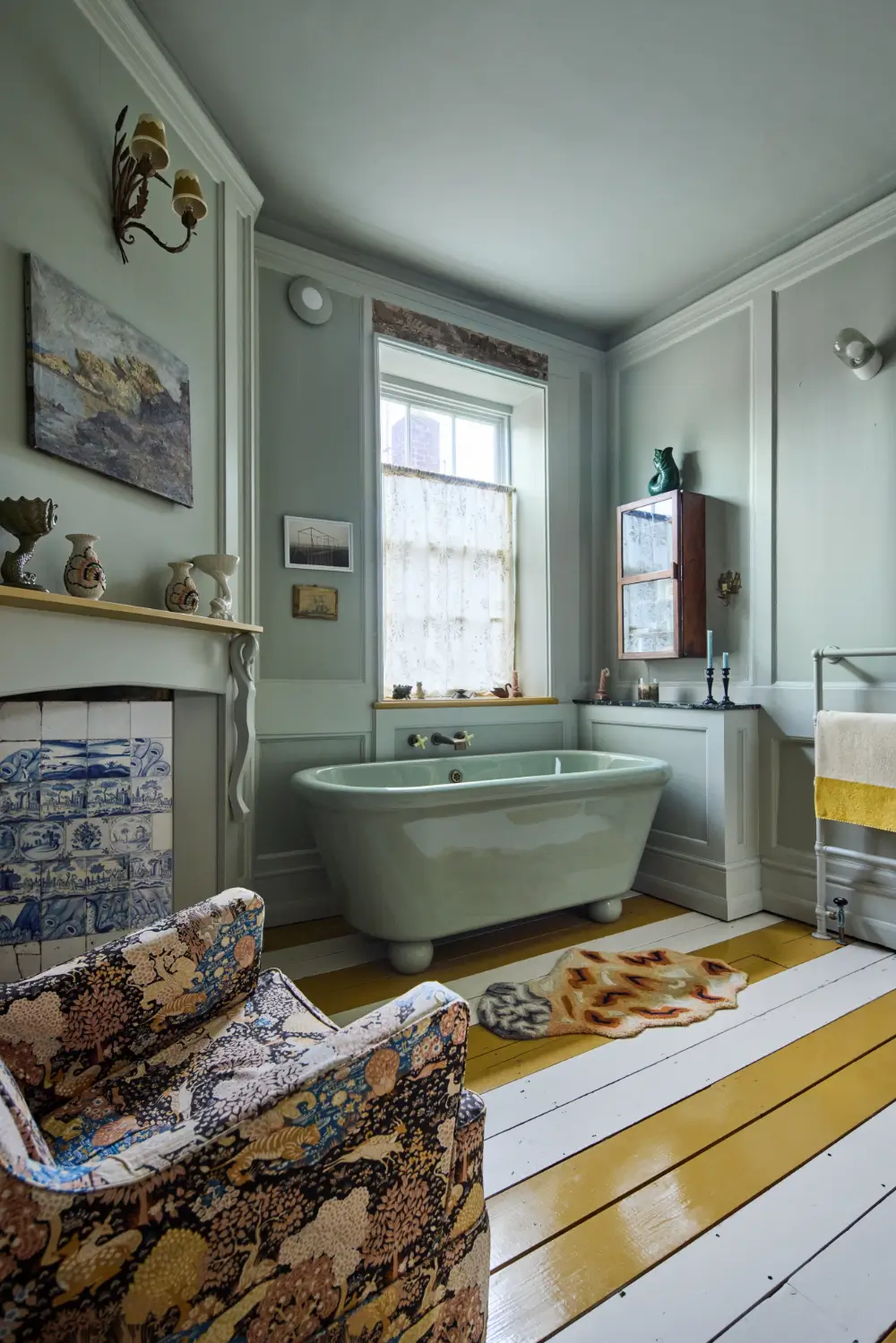 A Colorful Design-Led Georgian House in the Heart of Henley-on-Thames 38 bathroom-yellow-white-striped-wooden-floor-freestanding-bath-nordroom