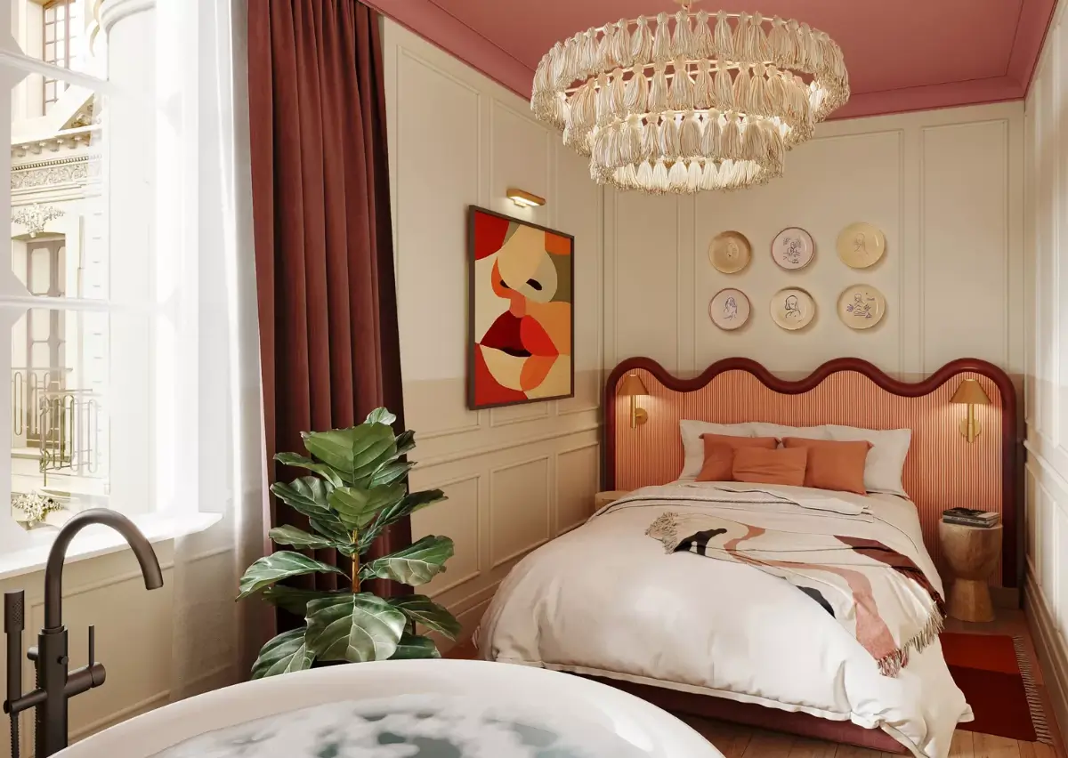 bedroom pink ceiling wavy headboard le jardin de verre hotel paris nordroom Top Boutique & Design Hotels in the Latin Quarter of Paris