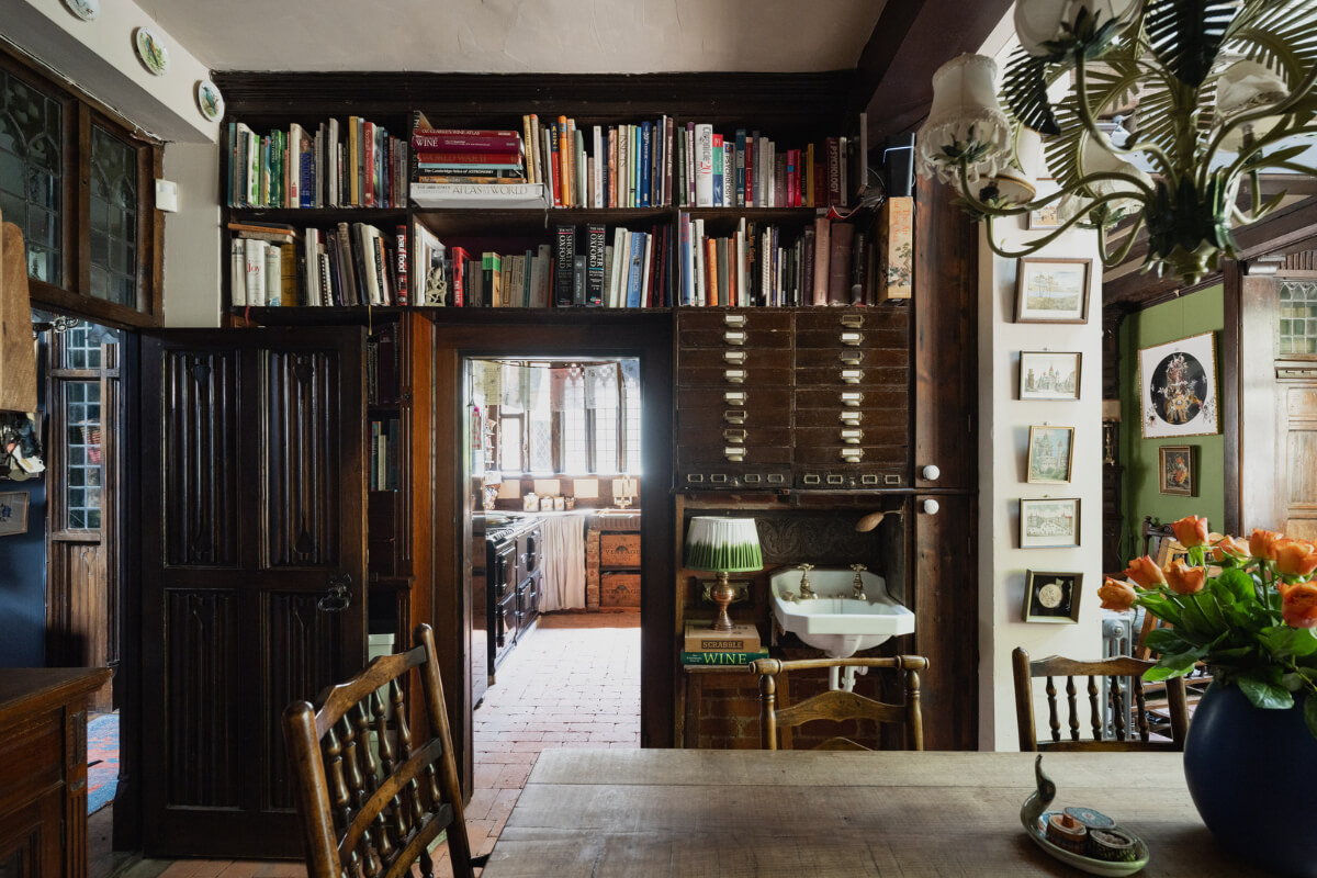 dining room historic home bookshelves around doorframe