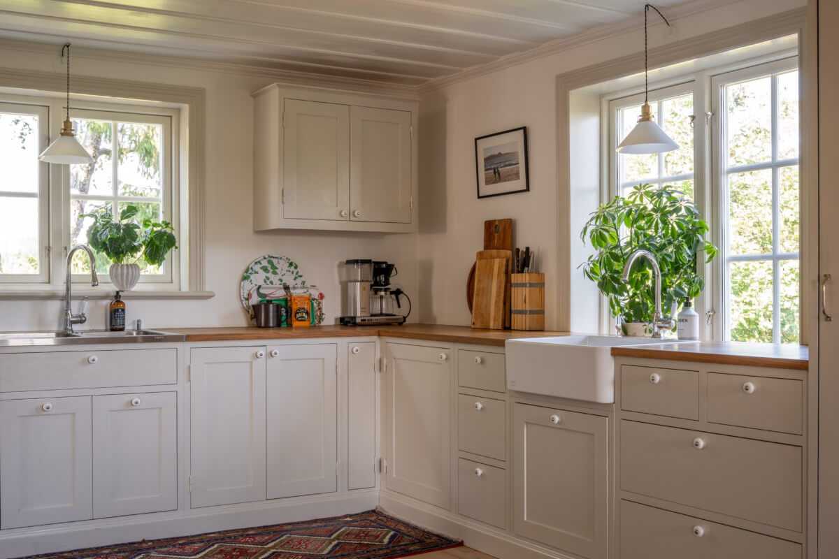 gray kitchen with butler sink