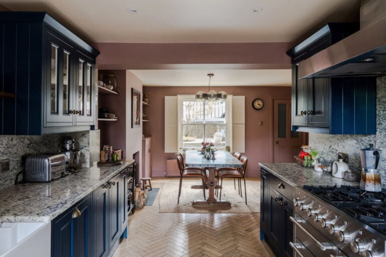 kitchen and dining room blue cabinets
