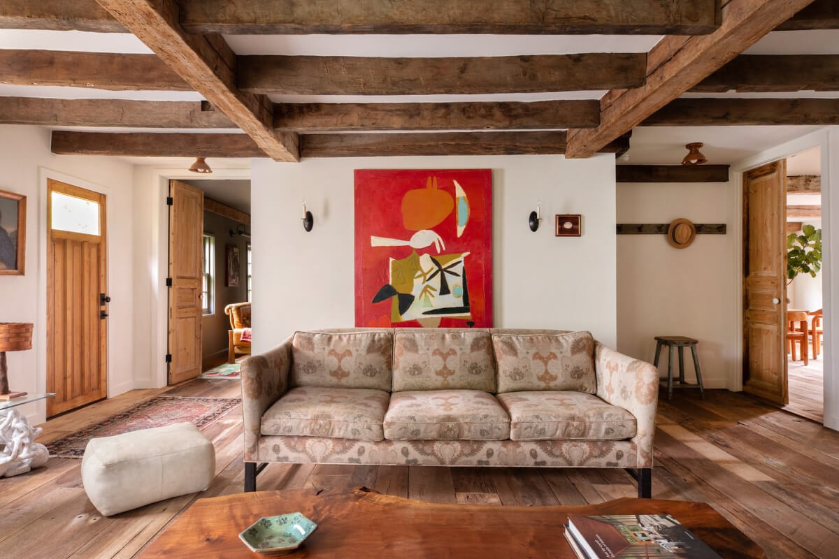 living room rustic floor wooden beams