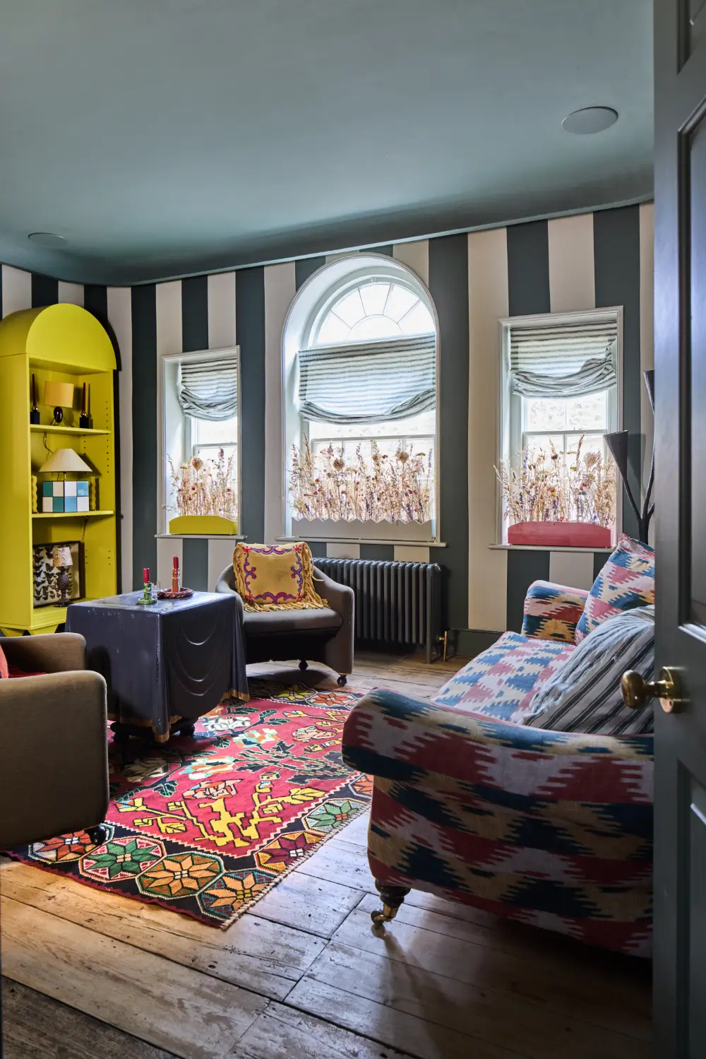 A Colorful Design-Led Georgian House in the Heart of Henley-on-Thames 18 living-room-rustic-wooden-floor-striped-walls-nordroom