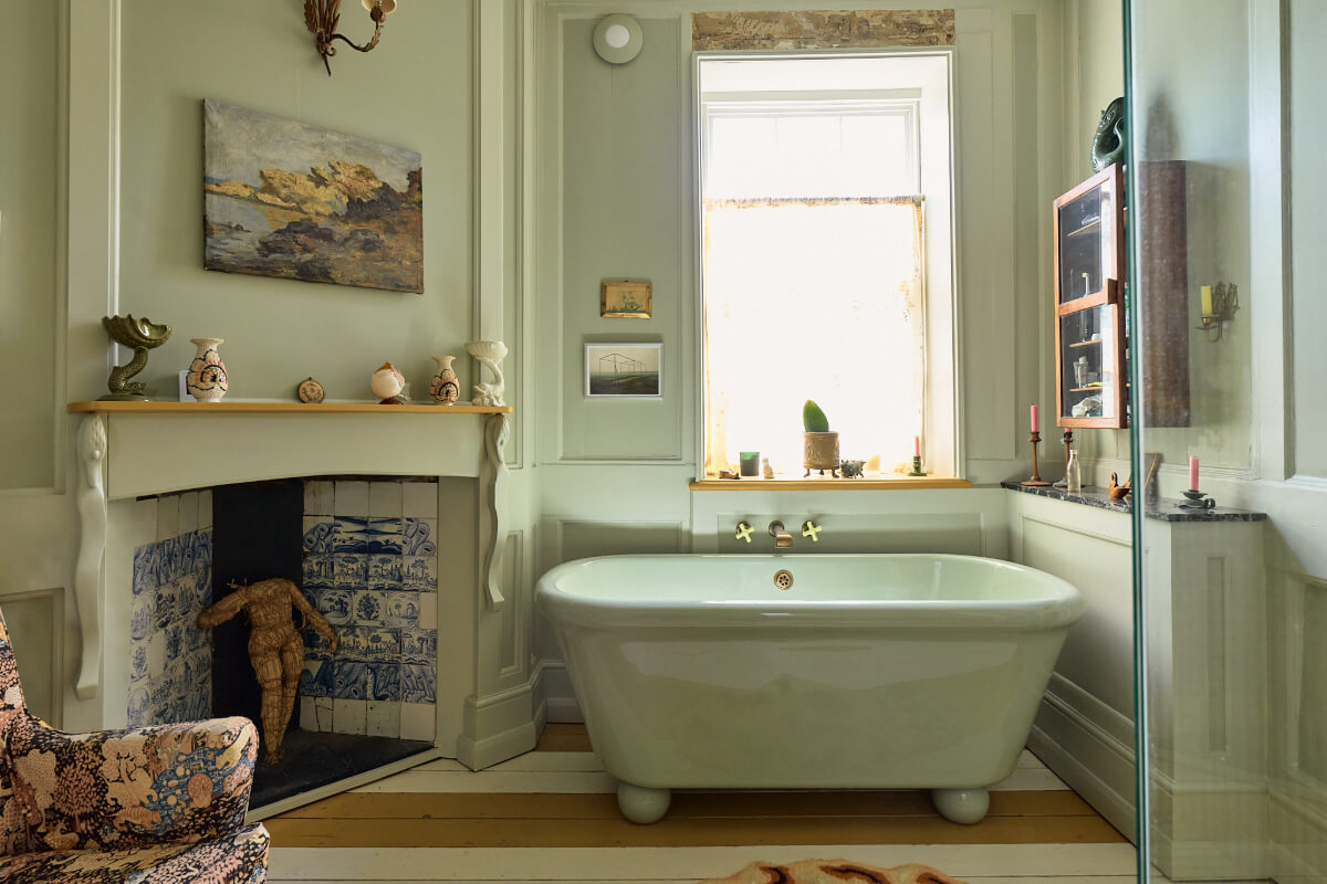 mint green freestanding bath corner fireplace