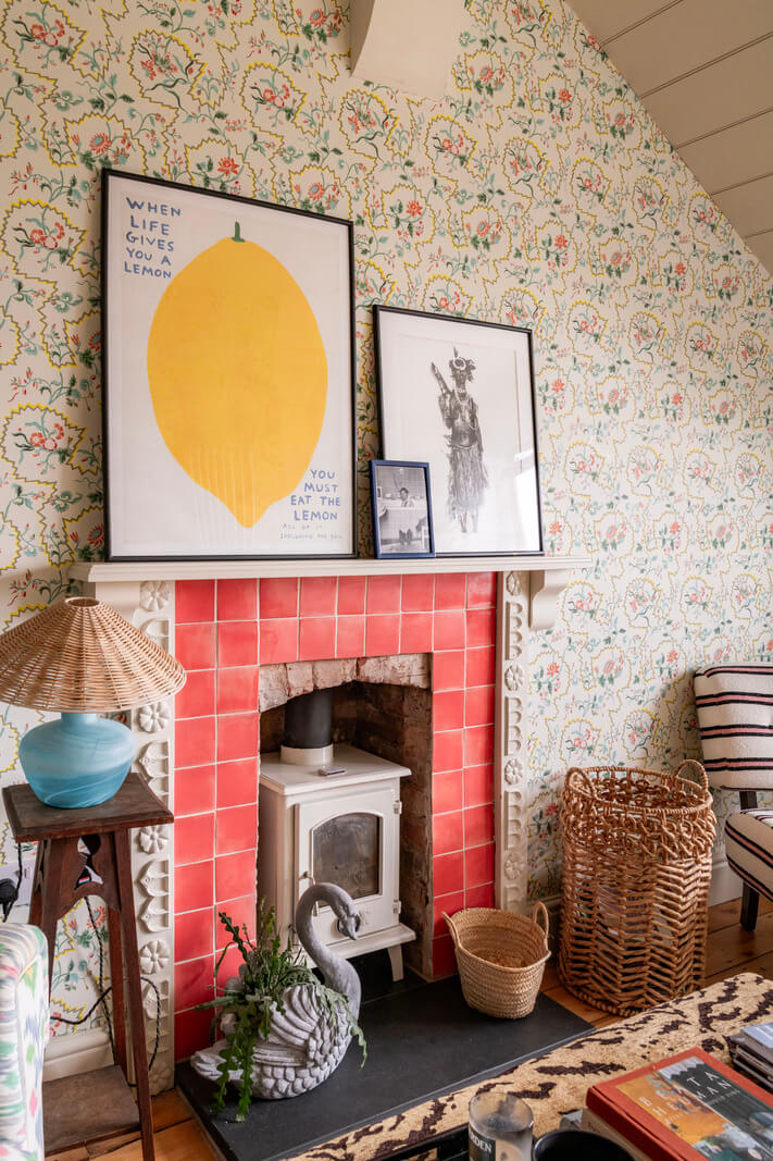 red tiles fireplace